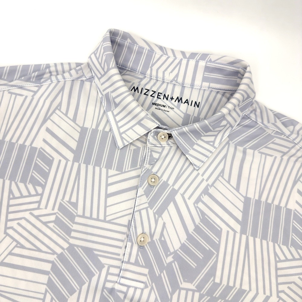 Mizzen+Main Polo Shirt Men Medium White Gray Geometric Performance Stretch Golf